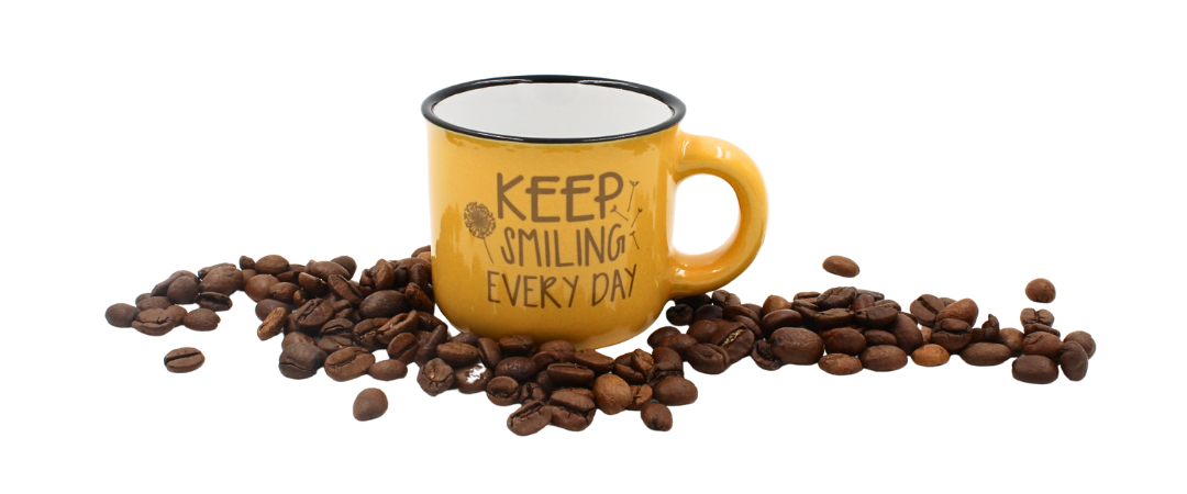 Cană cafea espresso Nekupto 80 ml, ceramică, galben, mesajul „KEEP SMILING EVERY DAY”